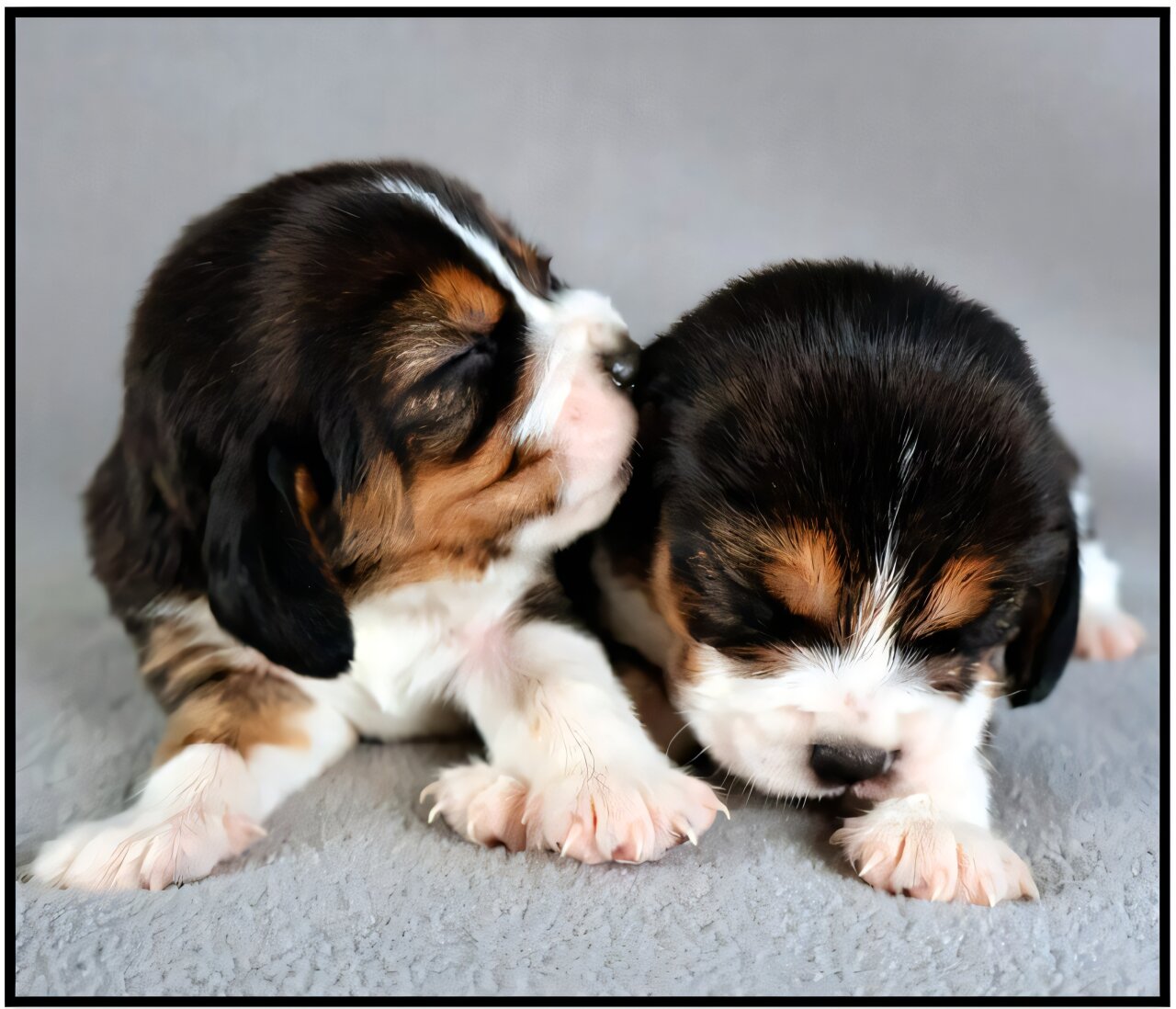 Dos cachorros beagle pequeños con pelaje tricolor (blanco, negro y marrón) están sentados juntos sobre una superficie gris.