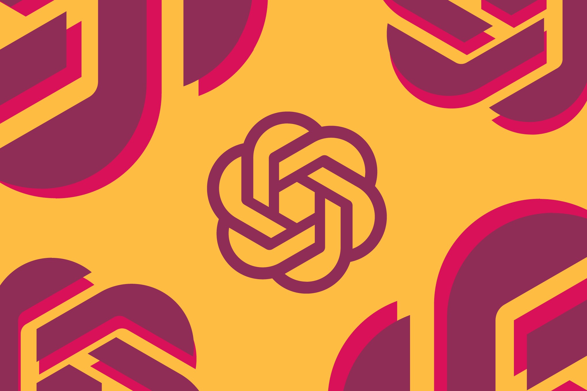 An abstract graphic design with geometric shapes in yellow, magenta and plum colours creating a pattern of interlocking three-dimensional figures.