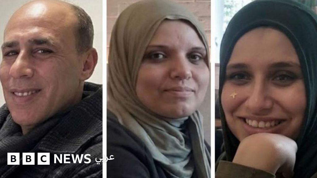 Three portraits of people: an adult man on the left, an adult woman wearing a headscarf in the centre, and a young woman wearing a dark cap on the right.