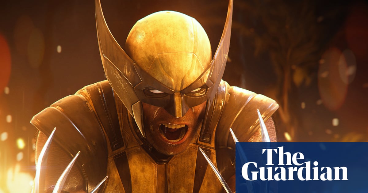 A character in gold-colored armor with a distinctive horned helmet and fierce facial expression looks downward with mouth open.