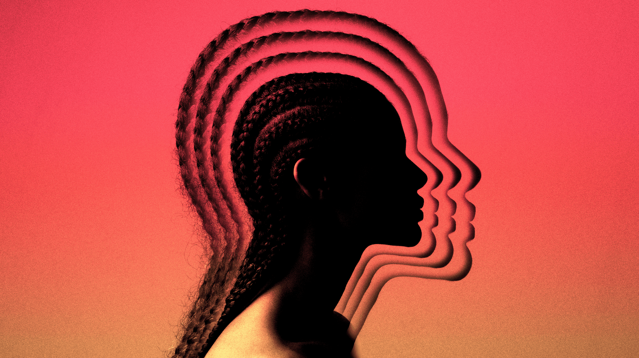 Silueta de un perfil de cabeza humana con un patrón repetido de contornos ondulados en tonos rojo y naranja que sugieren capas de pensamientos o actividad mental.