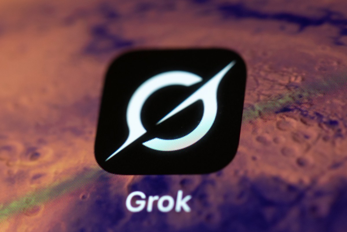 The Grok app icon, showing a stylized lightning bolt symbol in white on a rounded black square, with the name "Grok" below in white letters.