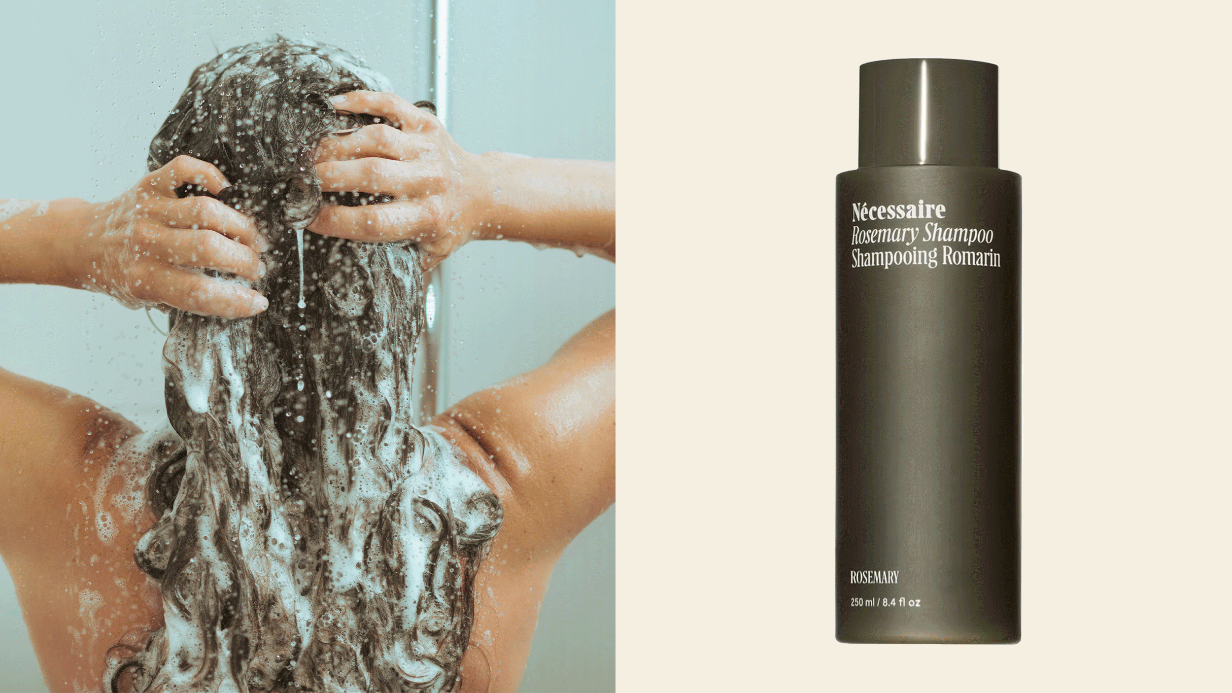 A person washes their hair with water and shampoo suds under running water against a light blue background on the left, and a dark bottle of Nécessaire Rosemary Shampoo is displayed against a cream-colored background on the right.
