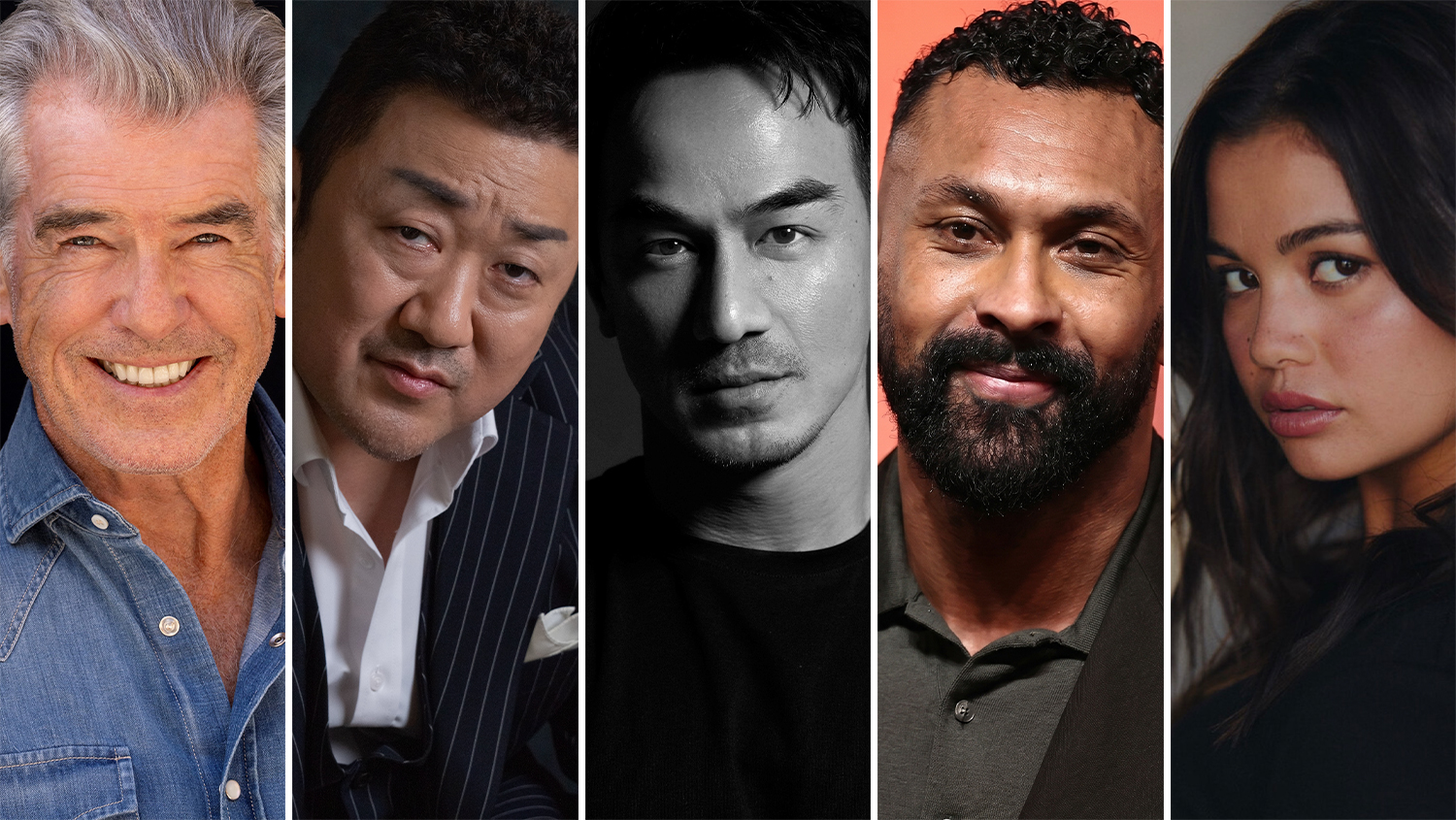 Five headshot portraits of men and a woman arranged in a row, showing actors of various ethnicities in professional photography settings.