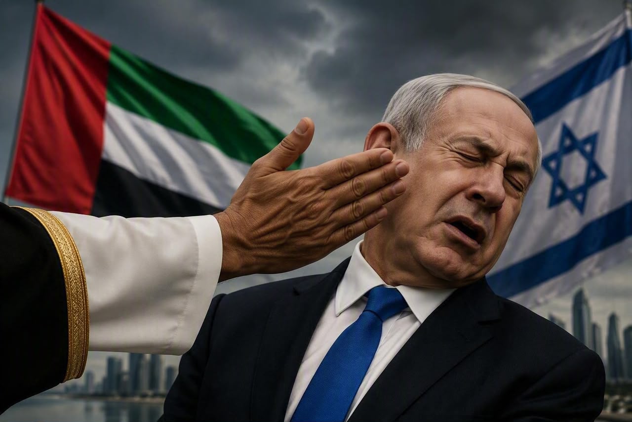Ilustración digital de una mano que abofetea a Benjamin Netanyahu ante las banderas de Emiratos Árabes Unidos e Israel
