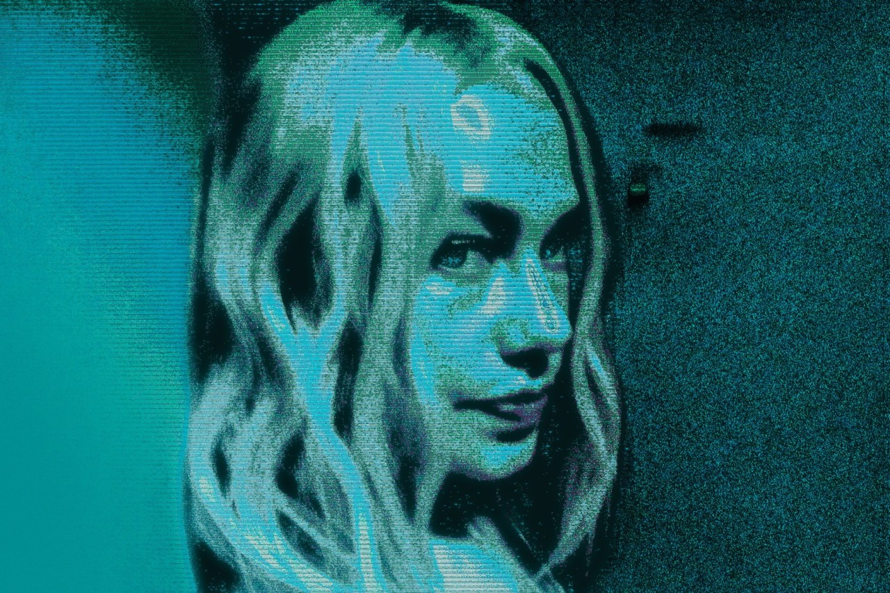A digital portrait of a woman with long blonde hair shown in profile against a cyan and teal gradient background with a pixelated or glitchy video effect overlay.