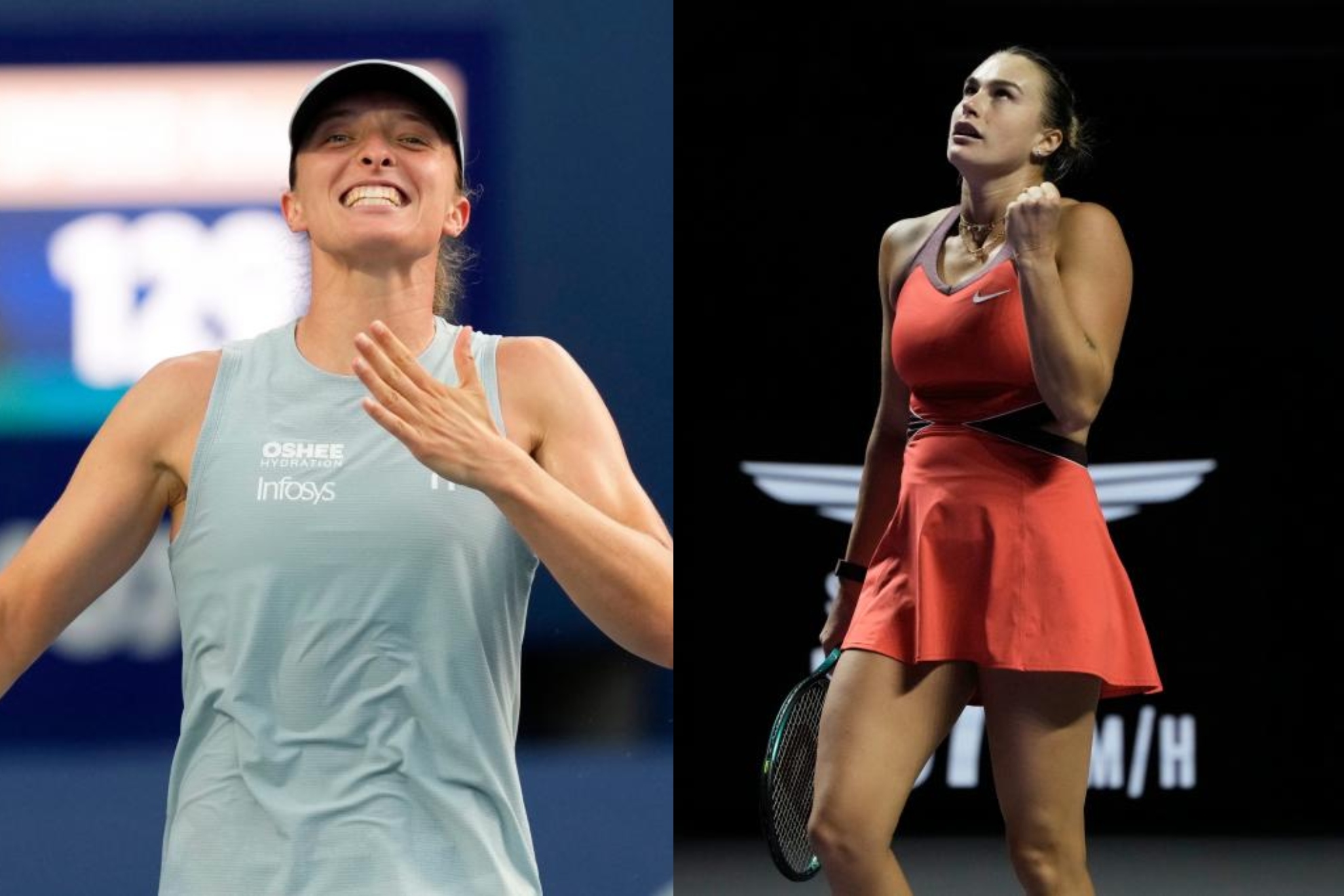Two female tennis players shown in separate split-screen images during professional tennis matches, one in a light blue tank top on the left smiling, and one in a red Nike dress on the right looking upward.