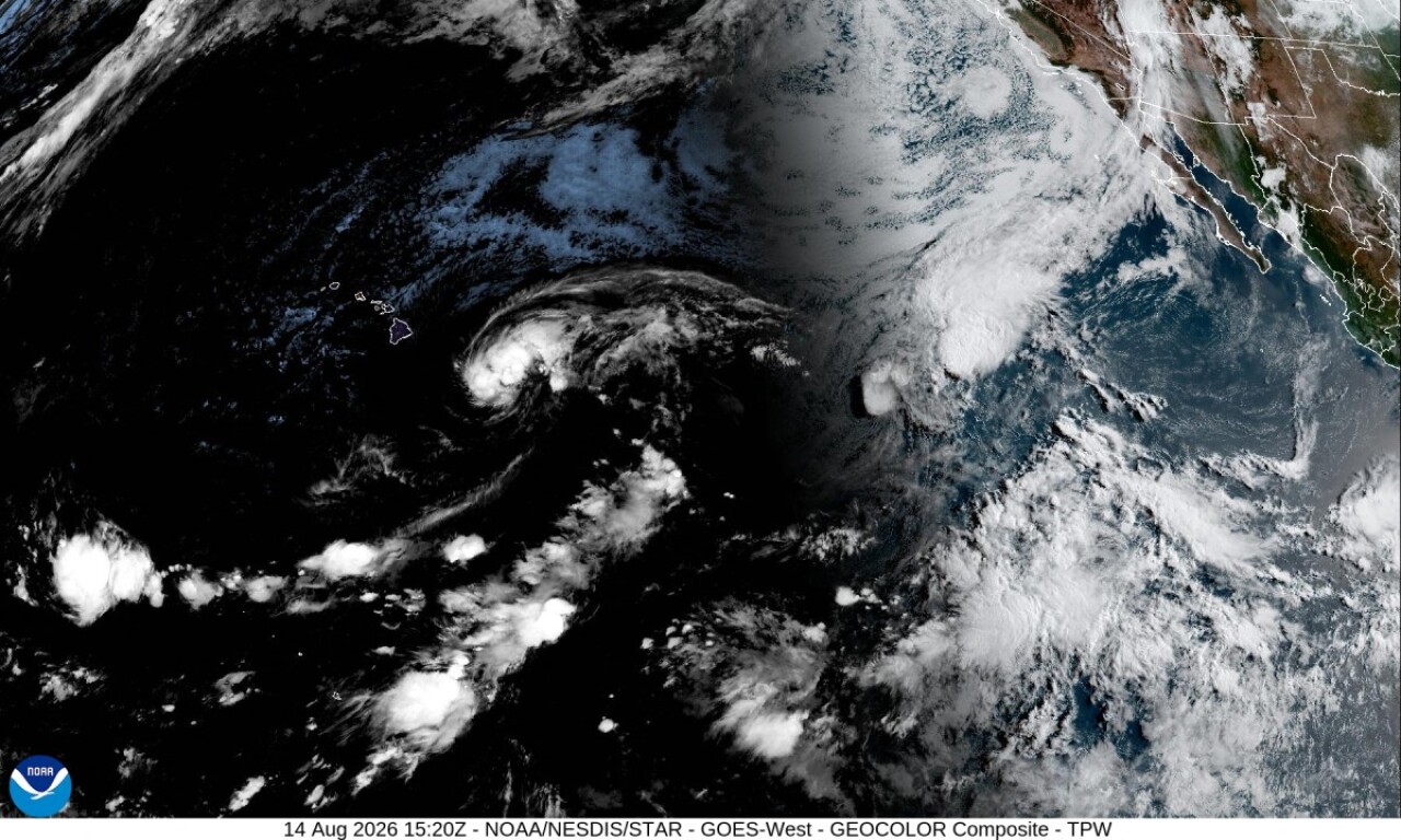 Satellite image showing cloud formations and weather systems over the Pacific Ocean near Hawaii, captured by NOAA weather satellite.