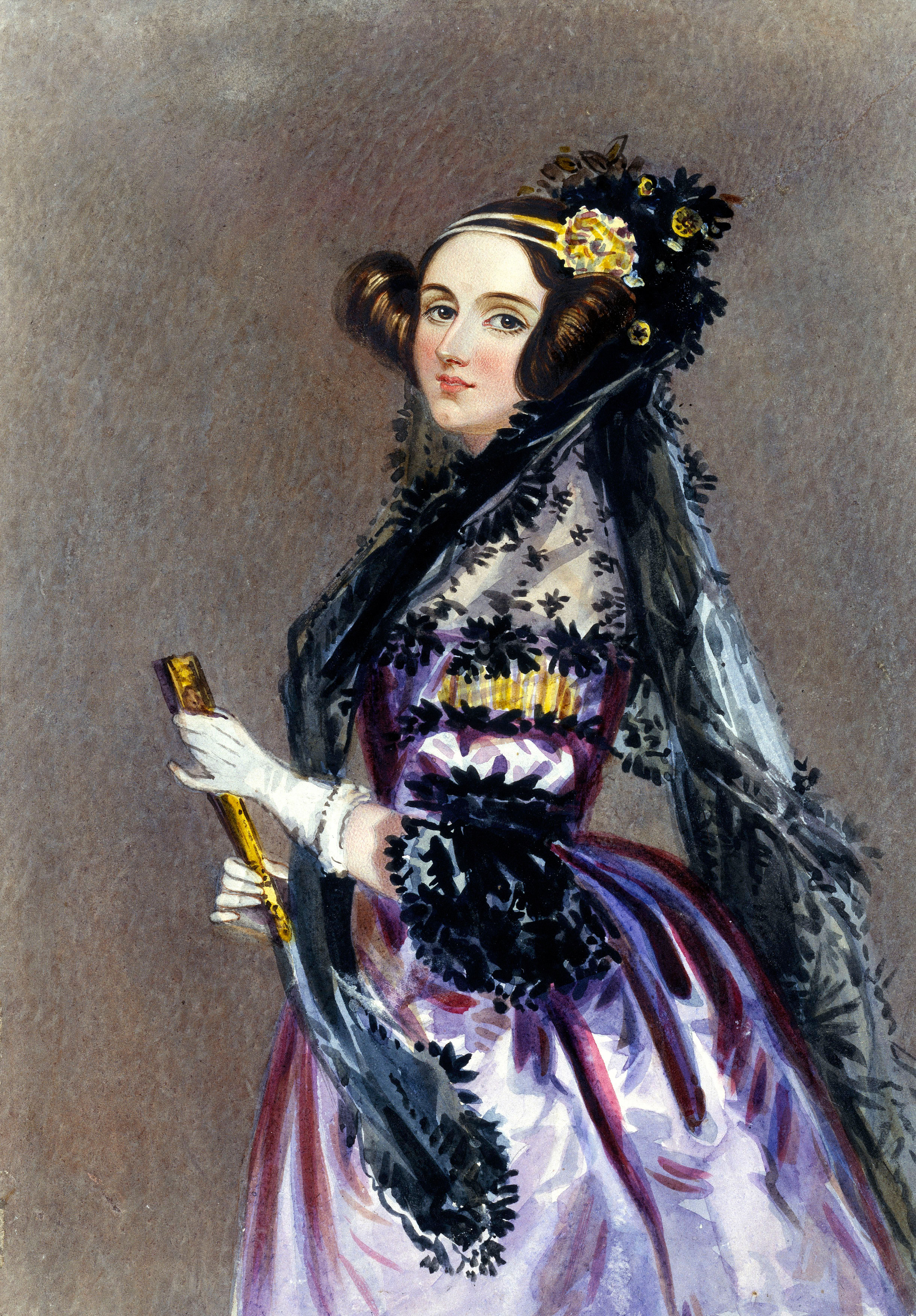 A 19th-century portrait painting of a young woman wearing an ornate black and purple dress with elaborate lace trim and a decorative headpiece with flowers.