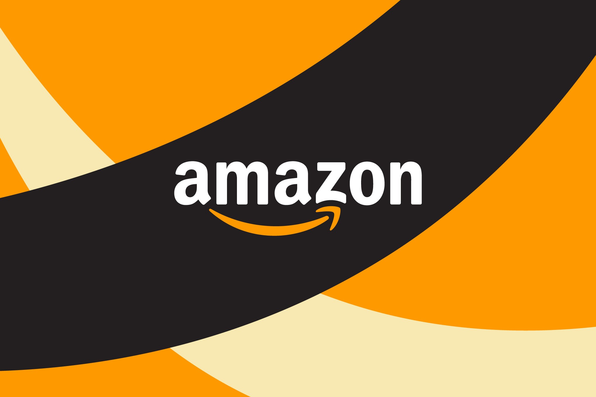 El logotipo de Amazon con el texto "amazon" en blanco y la característica sonrisa naranja curva sobre un fondo negro, rodeado de formas geométricas en naranja y crema.