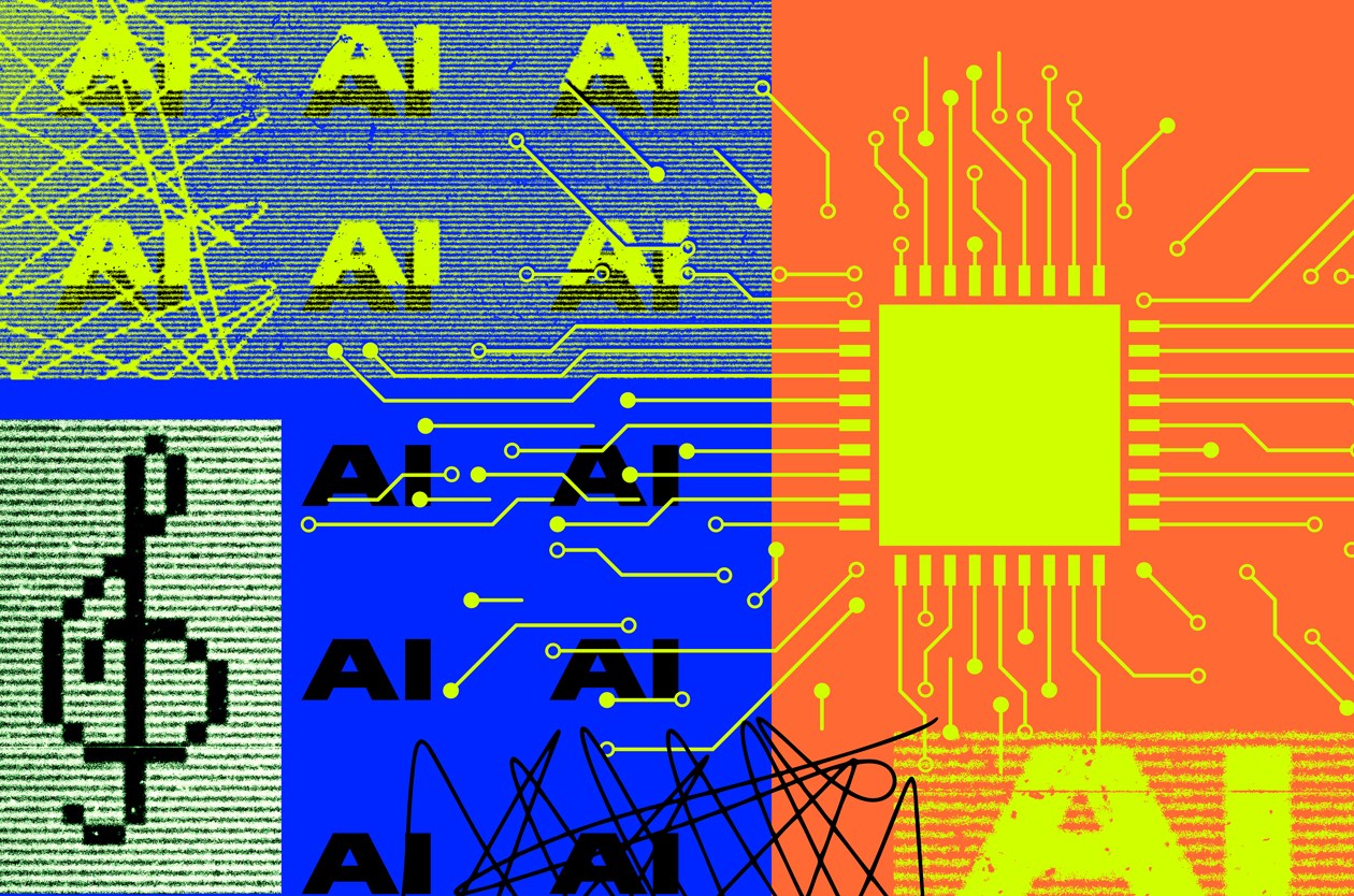 A digital collage showing the word "AI" repeated several times over brightly coloured electronic circuit backgrounds, including blues, yellows, oranges and greens, with connecting lines and technical symbols.